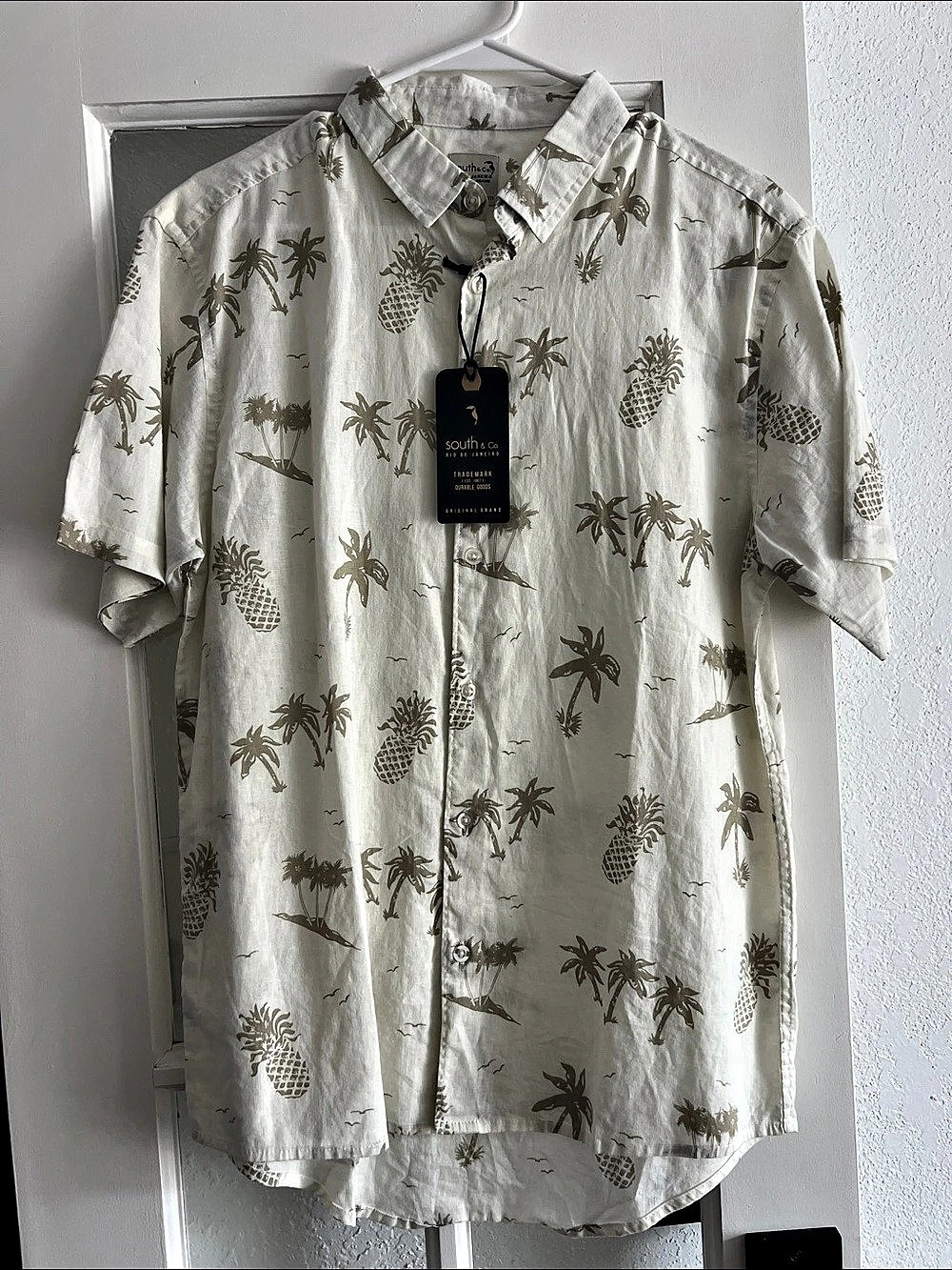 South & co. Men's Tropical Button-Up Shirt in White & Brown NWT